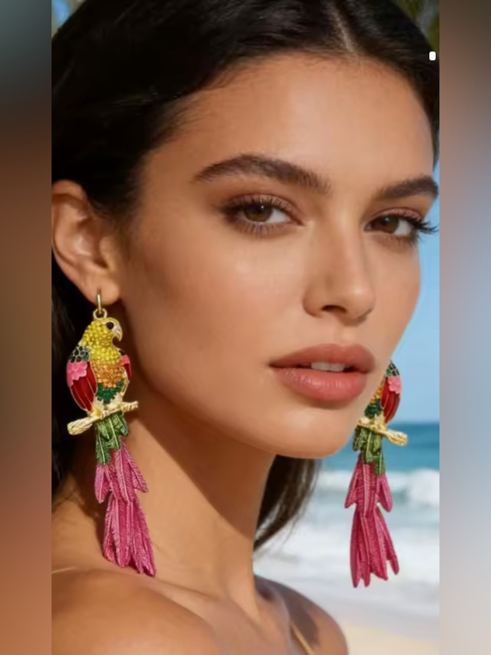 Colorful Parrot Drop Earrings in Pink and Green - Picture 1 of 2